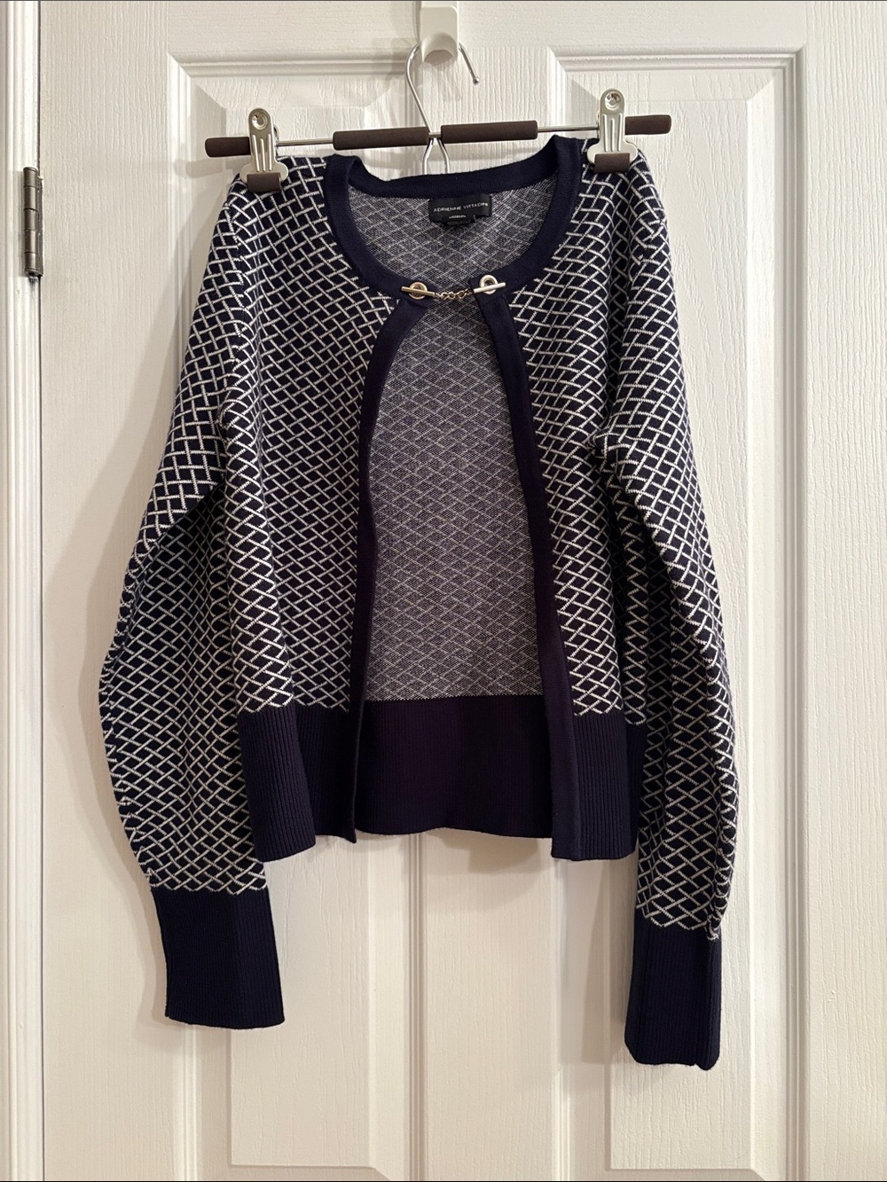 Adrienne Vittadini Navy and White Patterned Open-Front Cardigan